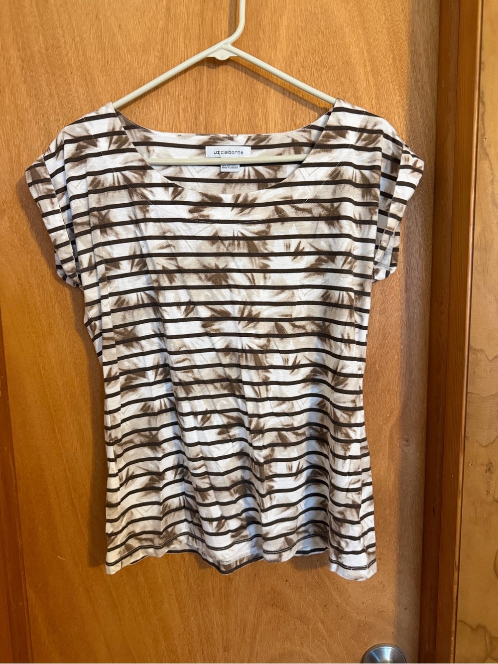 Liz Claiborne White and Brown Striped Short Sleeve Tee with Floral Accent